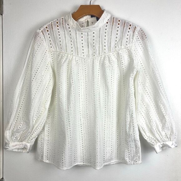 Banana Republic White Eyelet Mock Neck Peasant‎ Prairie 100% Cotton Blouse XSP - Picture 2 of 8
